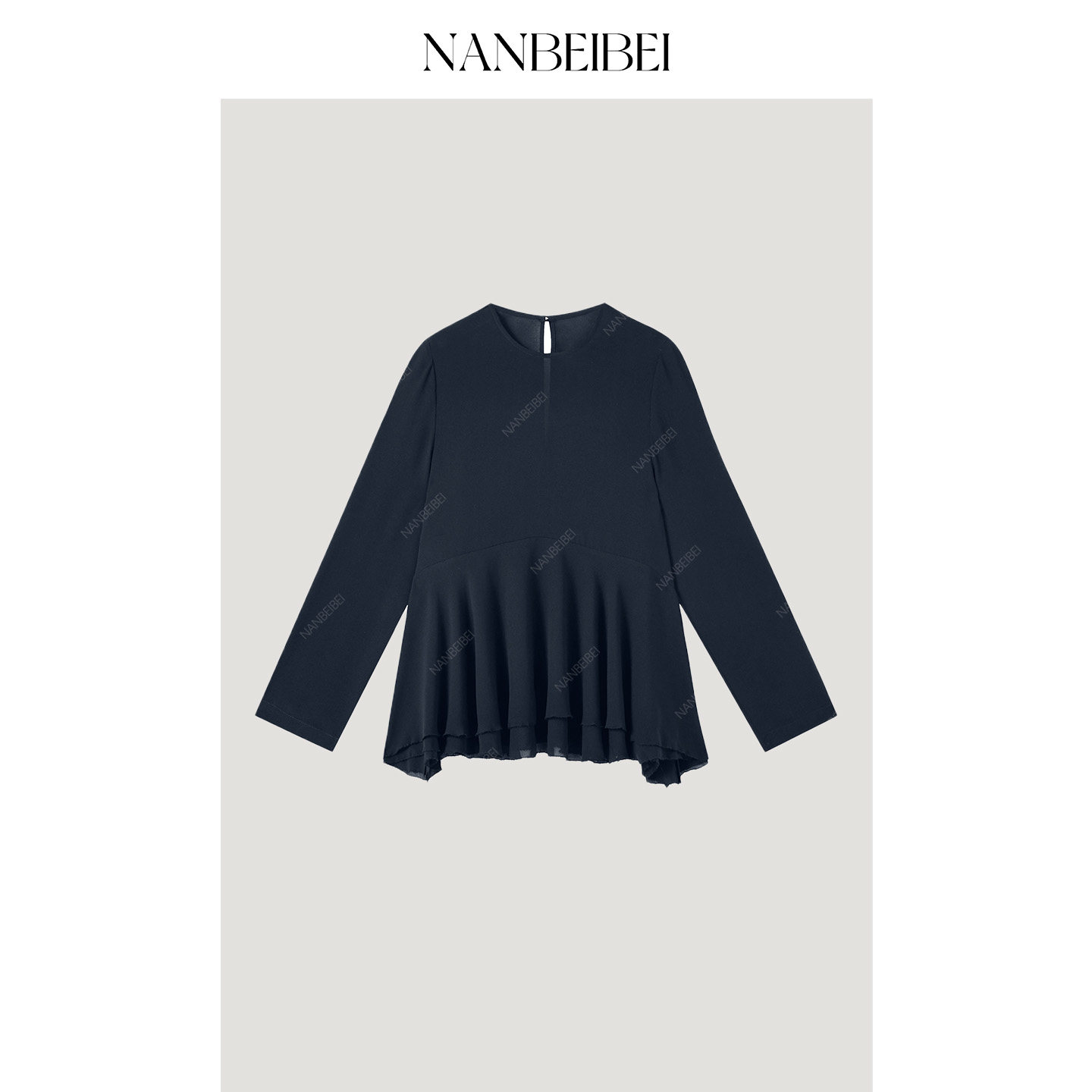 NANBEIBEI南北贝宽松下摆荷叶边长袖衬衫女装气质百搭不规则上衣