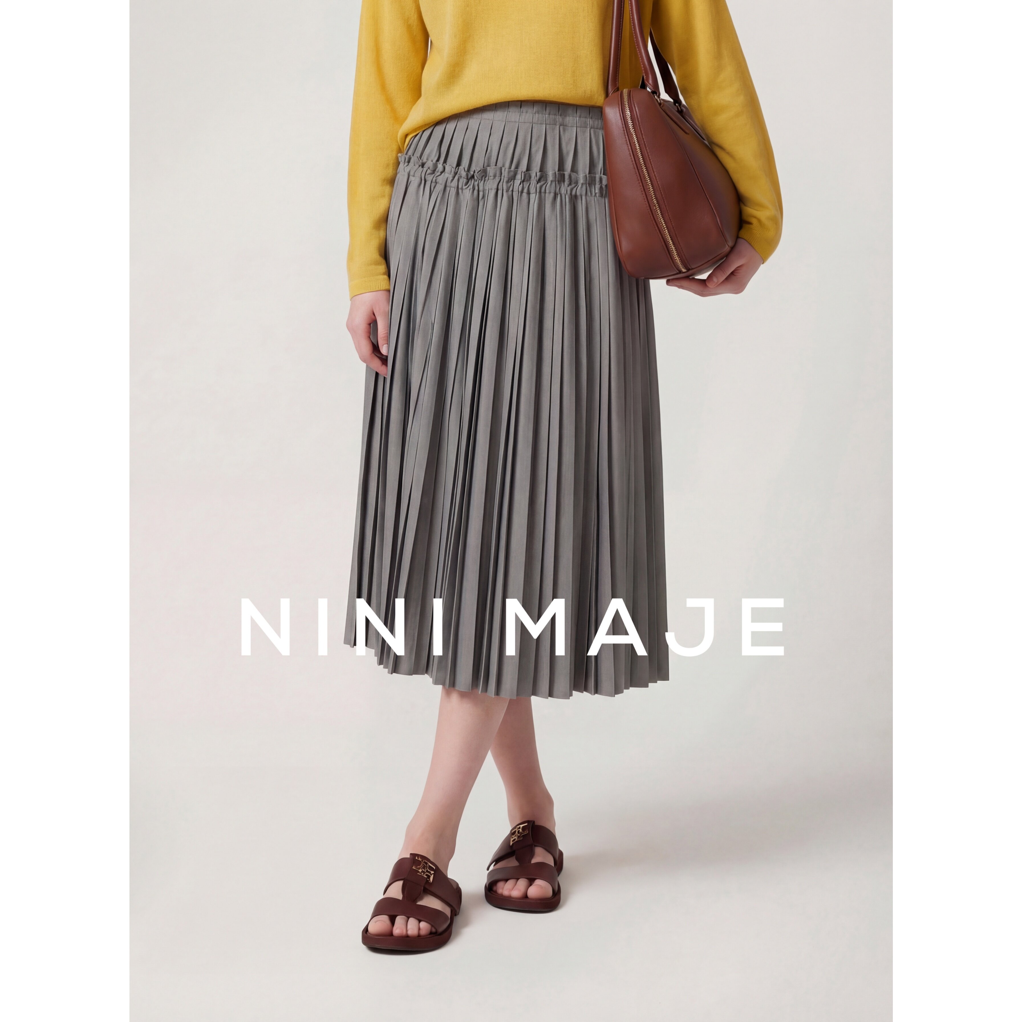 NANBEIBEI南北贝黑色百褶裙半身裙女中裙手工打褶抽绳工艺裙裙子