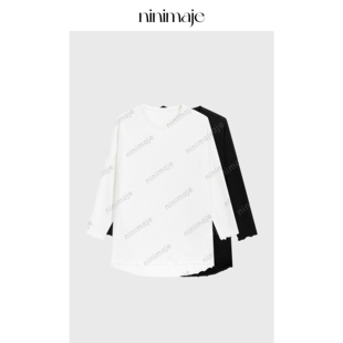 NANBEIBEI南北贝磨破毛边设计呼吸棉t恤女春季 宽松松弛慵懒风上衣