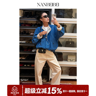 NANBEIBEI南北贝女士新款宽松休闲蓝色圆领长袖拉链两面穿外套