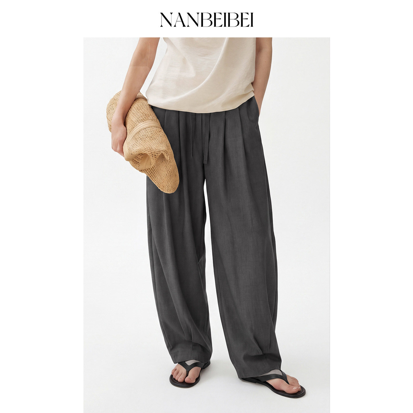NANBEIBEI南北贝灰色宽松极简直筒裤夏季高级卡其色休闲裤女裤子