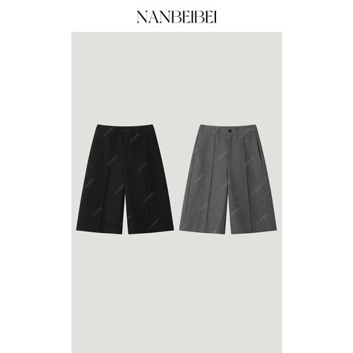 NANBEIBEI南北贝 灰色毛呢短裤女2026新款冬休闲五分裤小个子裤子