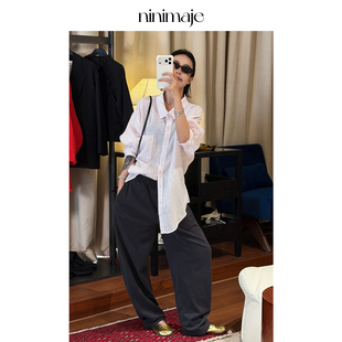 NANBEIBEI南北贝白色100亚麻宽松衬衫 松弛轻薄透感简约上衣 女春季