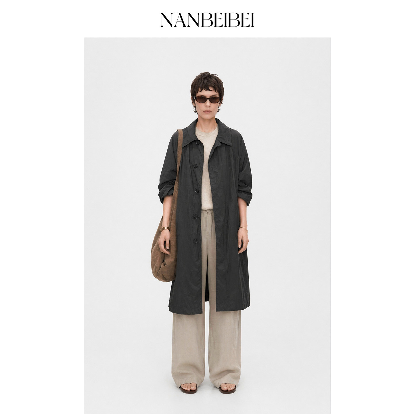 NANBEIBEI南北贝宽松休闲纽扣翻领高气质轻薄透气女款风衣外套