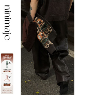 茧型皮裤 蛋白皮做旧裤 宽松皮裤 松紧腰直筒阔腿裤 子 女冬季 南北贝