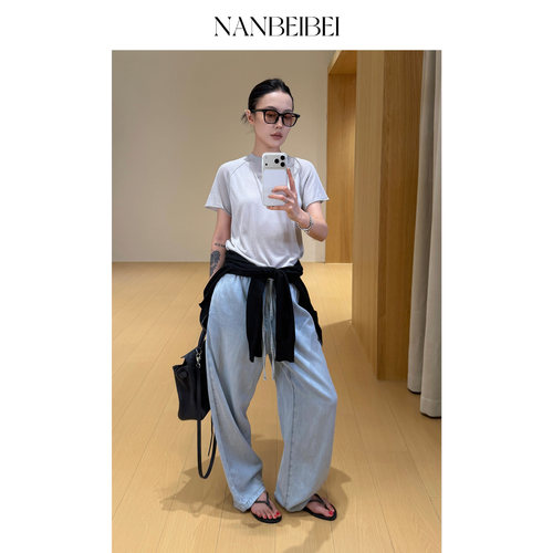 复古蓝宽松直筒抽绳女牛仔裤