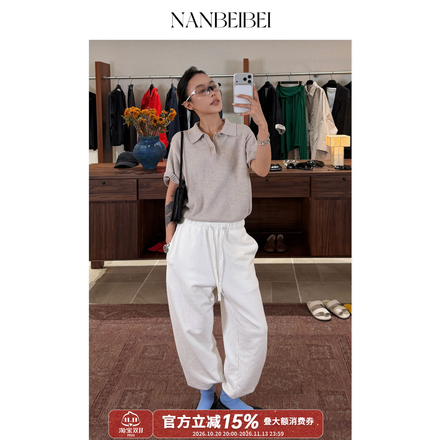 NANBEIBEI南北贝冷烟灰polo领短袖t恤女春季宽松休闲慵懒简约上衣