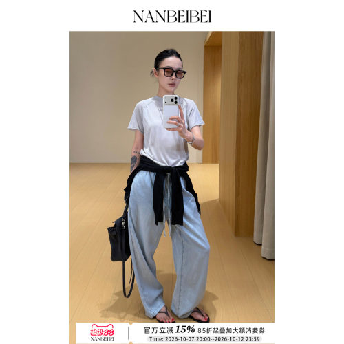 复古蓝宽松直筒抽绳女牛仔裤