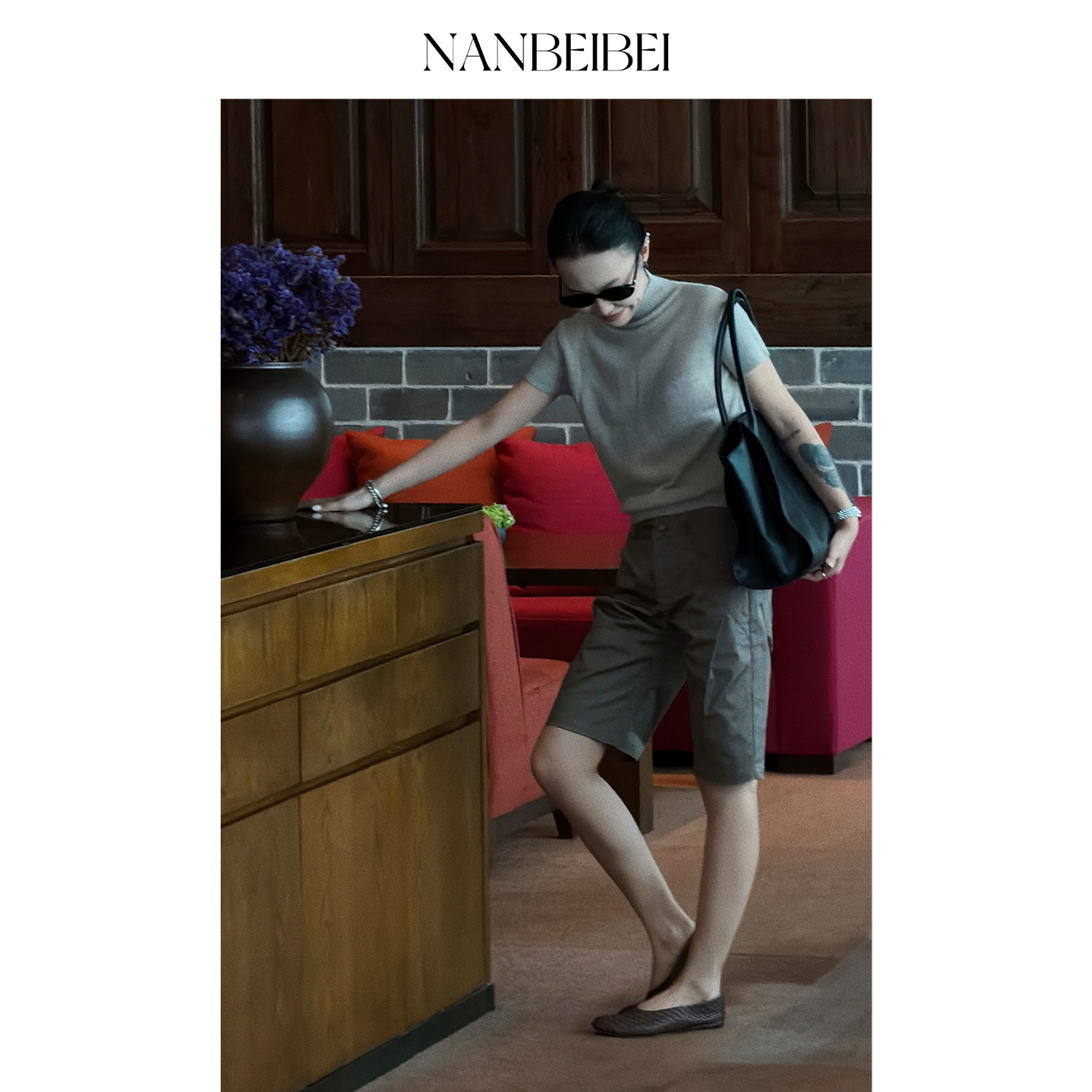 NANBEIBEI南北贝纯色半高领短袖针织衫女夏绵羊毛经典百搭上衣