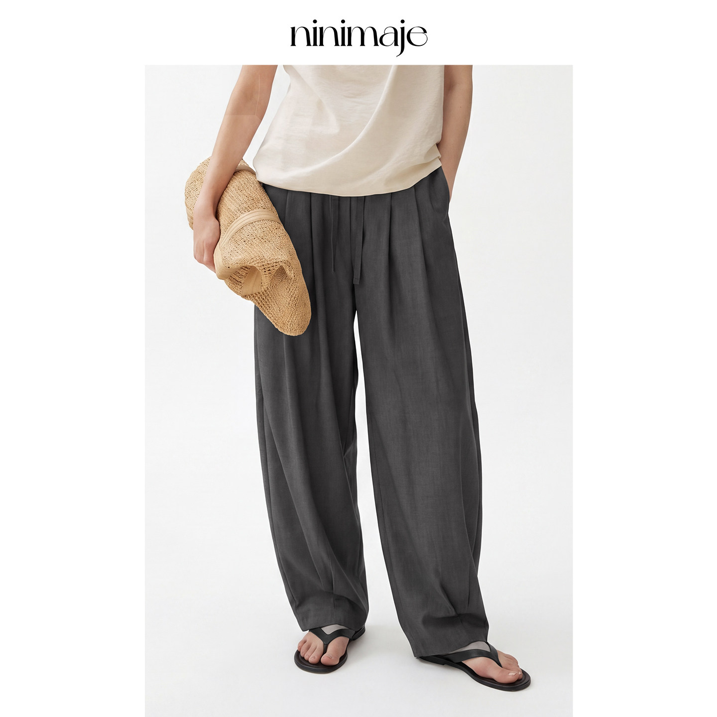 NANBEIBEI南北贝灰色宽松极简压褶直筒裤春夏松紧腰抽绳休闲裤女