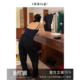 阔腿裤 裤 子 女低腰宽松西装 NANBEIBEI南北贝黑色锥形直筒休闲裤