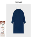 冬季 南北贝 蓝色针织长袖 连衣裙 宽松内搭可外穿极简廓形长裙 长款