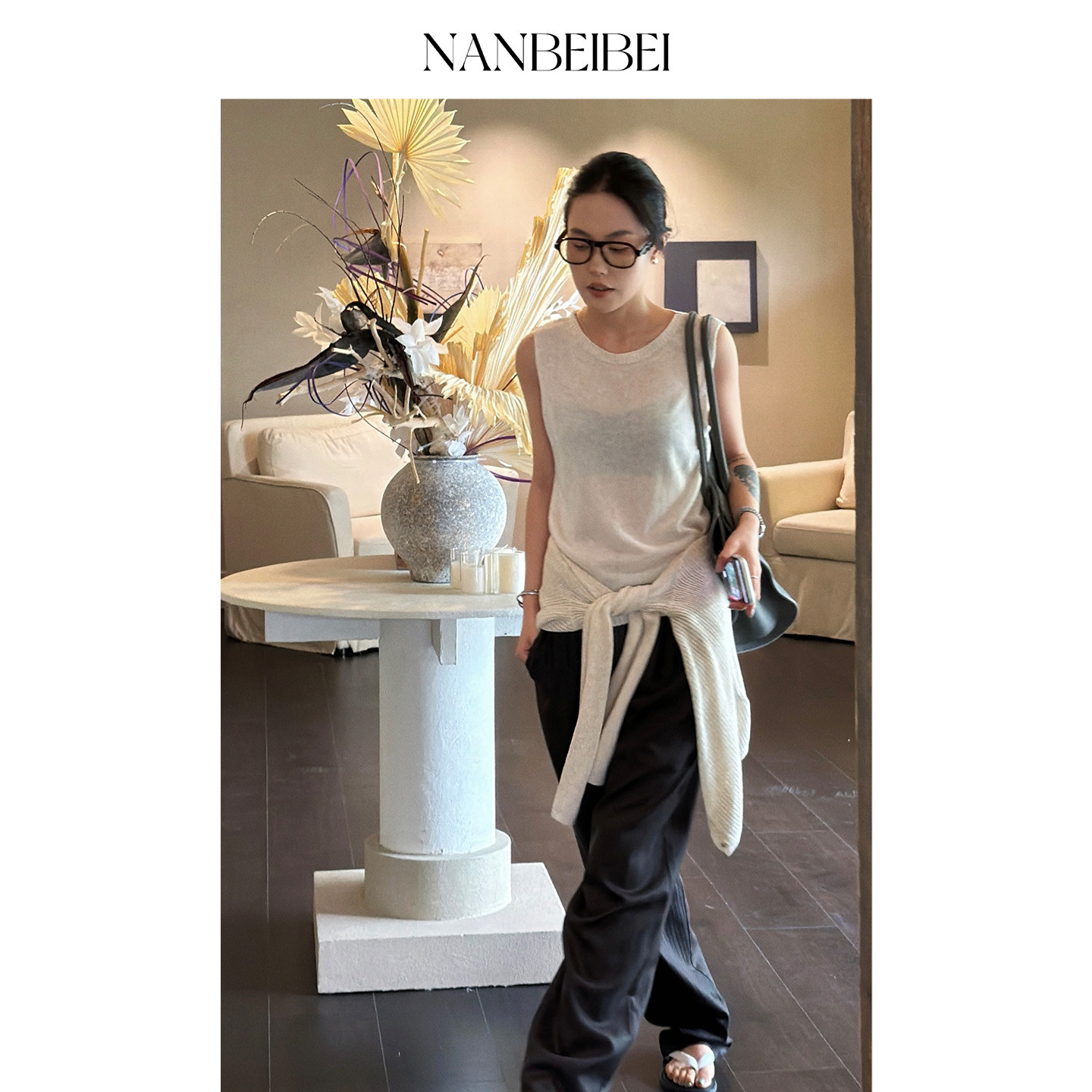 NANBEIBEI南北贝腈纶亚麻薄款针织背心吊带夏季显瘦无袖上衣T恤女