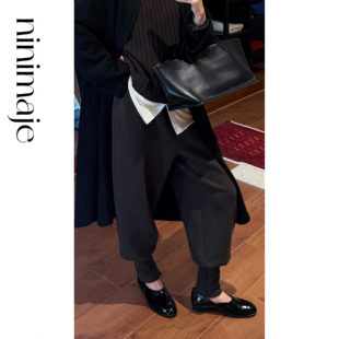 南北贝黑色宽松休闲裤女2026春季新款羊毛束脚裤松紧腰纯色