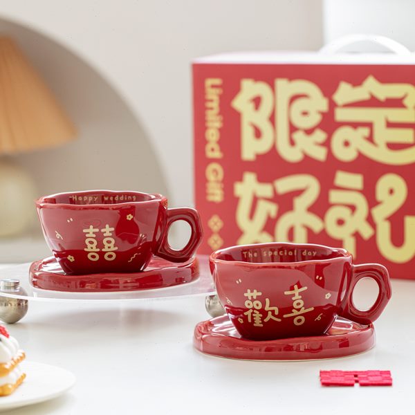 创意欢喜红色咖啡杯中式结婚新人送礼杯改口敬茶杯陪嫁用品喜茶杯