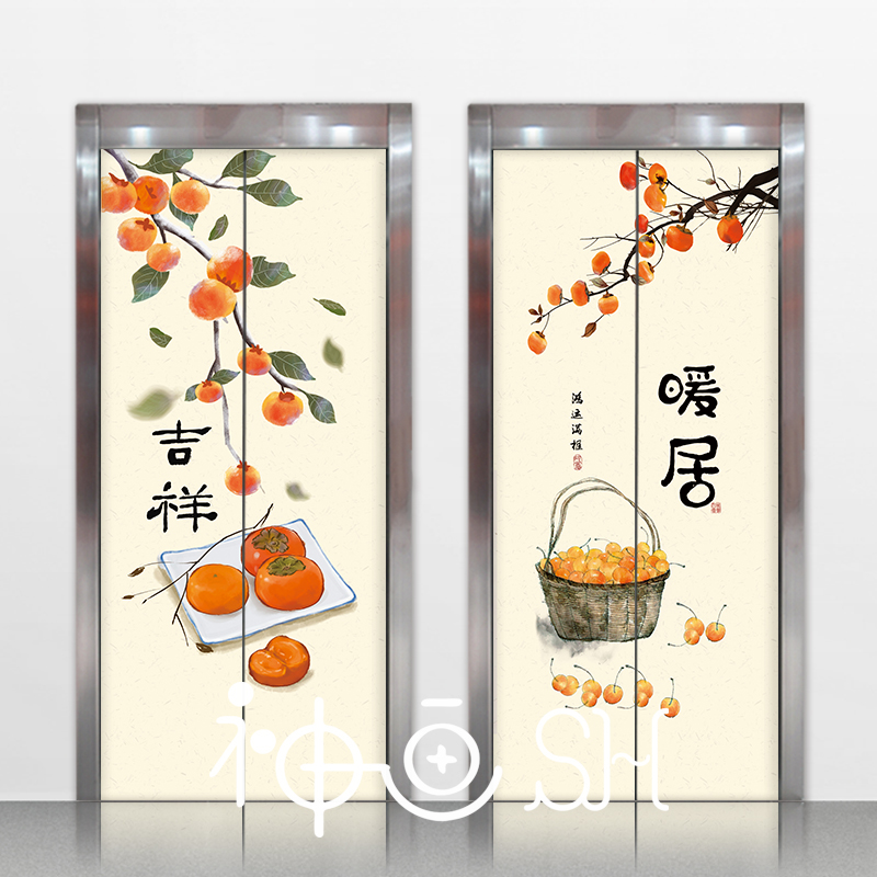 138民俗寓意好电梯门贴纸自粘可定制通道门贴画电梯装饰画新中式图片