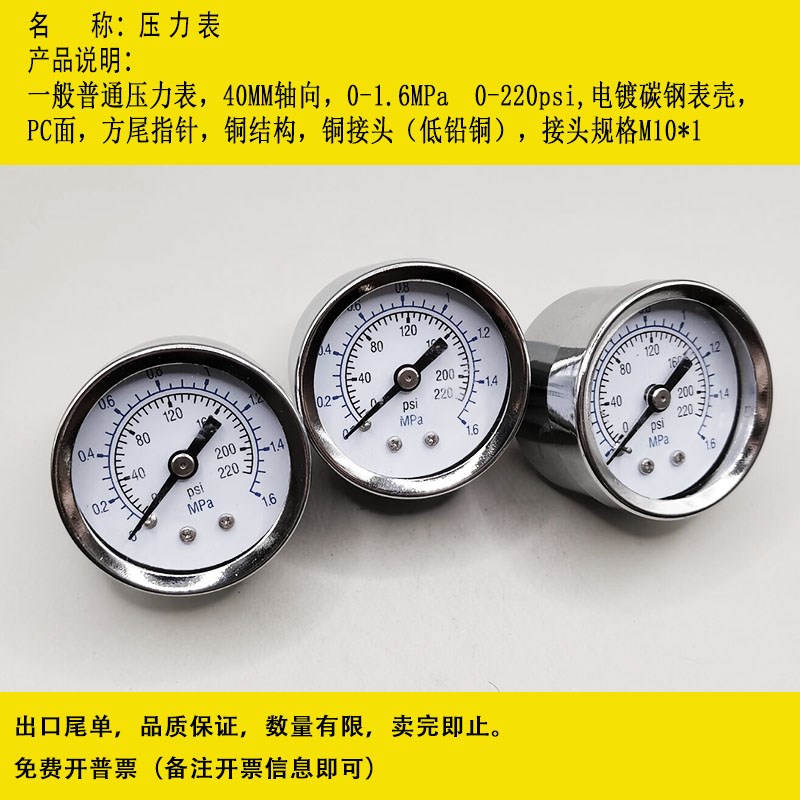 0541.压力表 40MM轴向 1.6MPA 220PSI 螺纹M10*1 水压 气压 油压