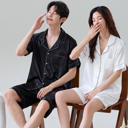 冰丝情侣睡衣女夏季薄款简约休闲男款短袖短裤家居服套装可外穿