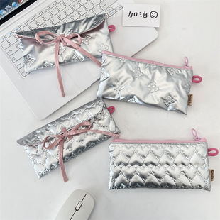 绗缝蝴蝶结翻盖笔袋零钱包女收纳袋多功能学生文具盒 5462