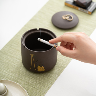 中式 家用大号 紫砂烟灰缸复古带盖多功能防风飞尘陶瓷创意个性 时尚
