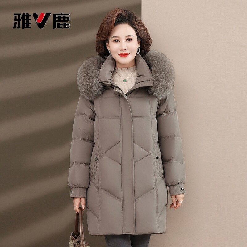 雅鹿中老年羽绒服女中长款冬季妈妈装狐狸毛领加厚保暖防寒服外套