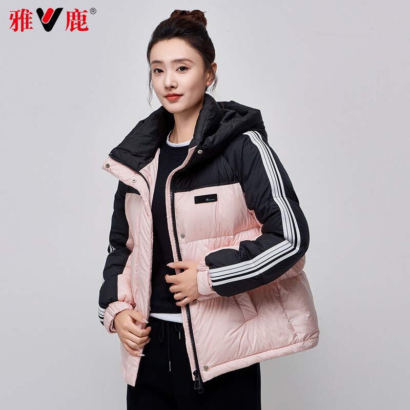 雅鹿羽绒服女短款时尚拼色2026冬季新款加厚保暖连帽冬装上衣外套