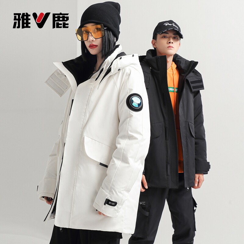 雅鹿羽绒服男女同款中长款貂子毛领2026冬季保暖情侣工装加厚外套