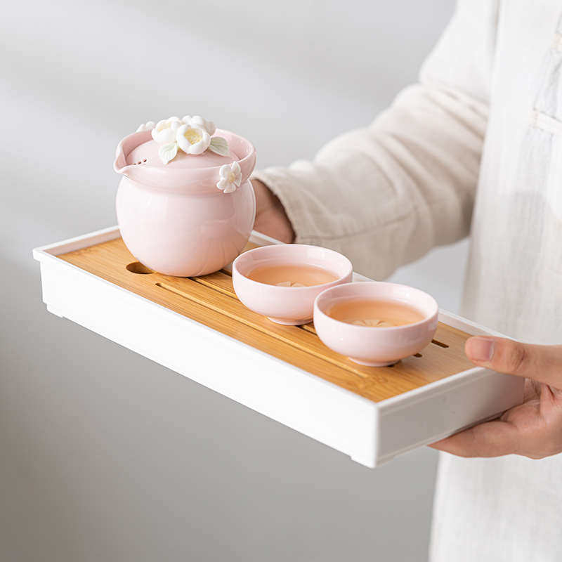 粉色捏花功夫茶具套装家用陶瓷一壶两杯提梁侧把茶壶茶杯女生喝茶,餐饮具,整套茶具,淘宝优惠券,粉丝福利购,淘宝优惠卷