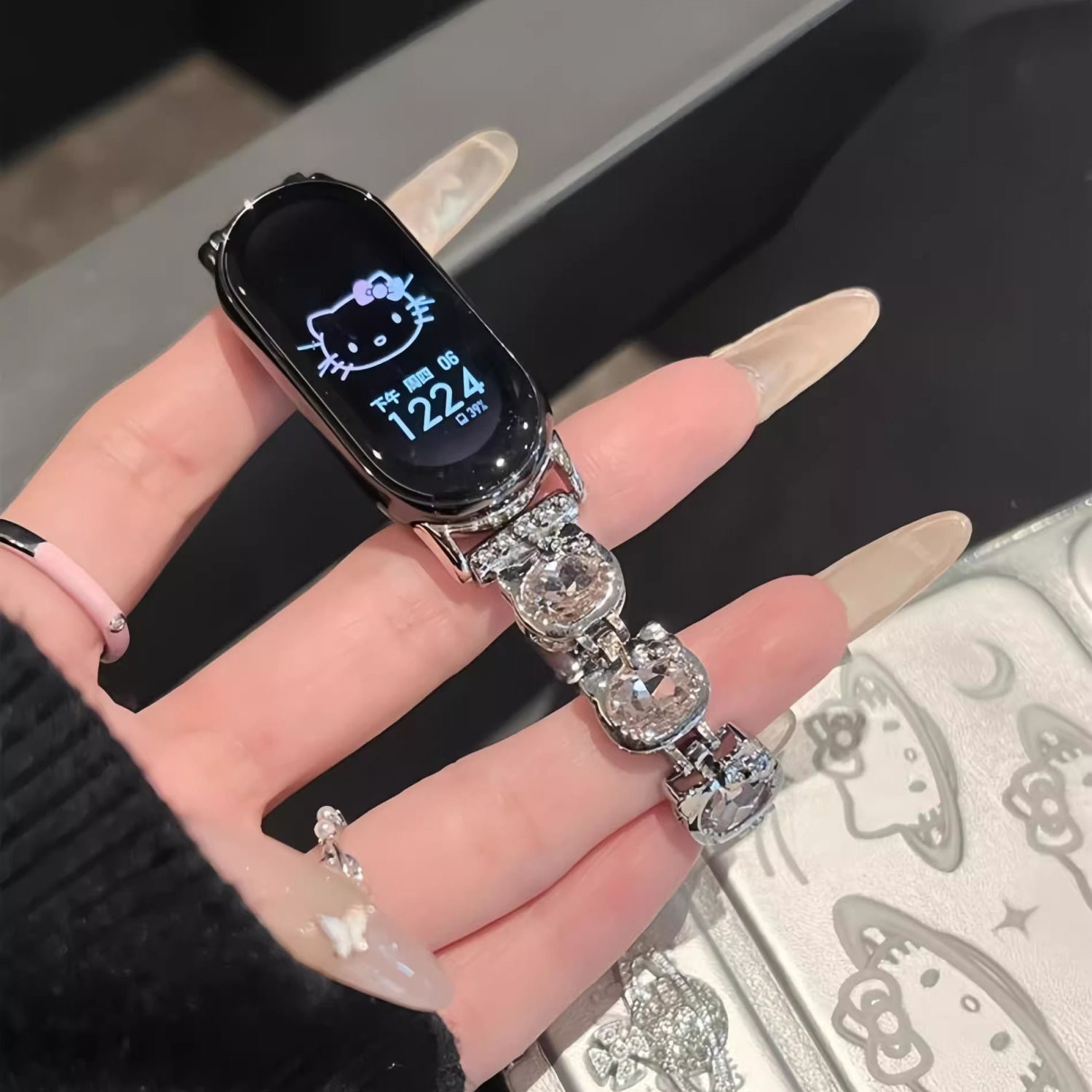 适用于小米手环10表带kitty钻石金属腕带8/9NFC闪钻表链9陶瓷特别版ins可爱镶钻KT猫xiaomi十九八替换带高级