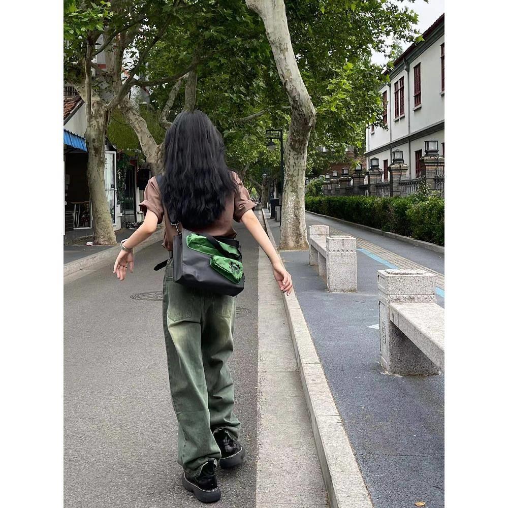 复古绿色牛仔裤女秋冬加绒大码胖mm直筒高腰显瘦宽松阔腿拖地裤子