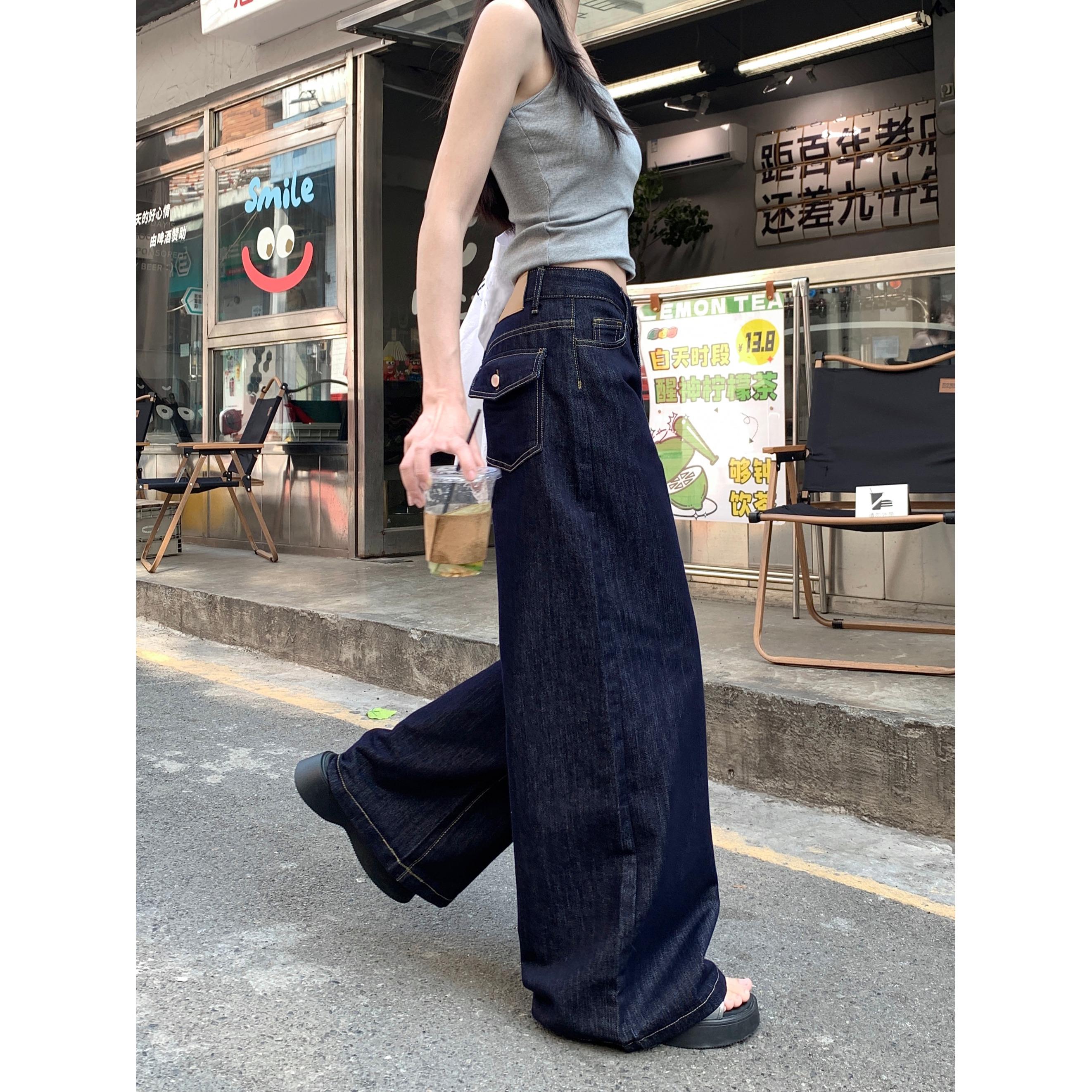 深蓝色阔腿牛仔裤女装夏季美式复古高腰直筒裤子宽松显瘦拖地长裤