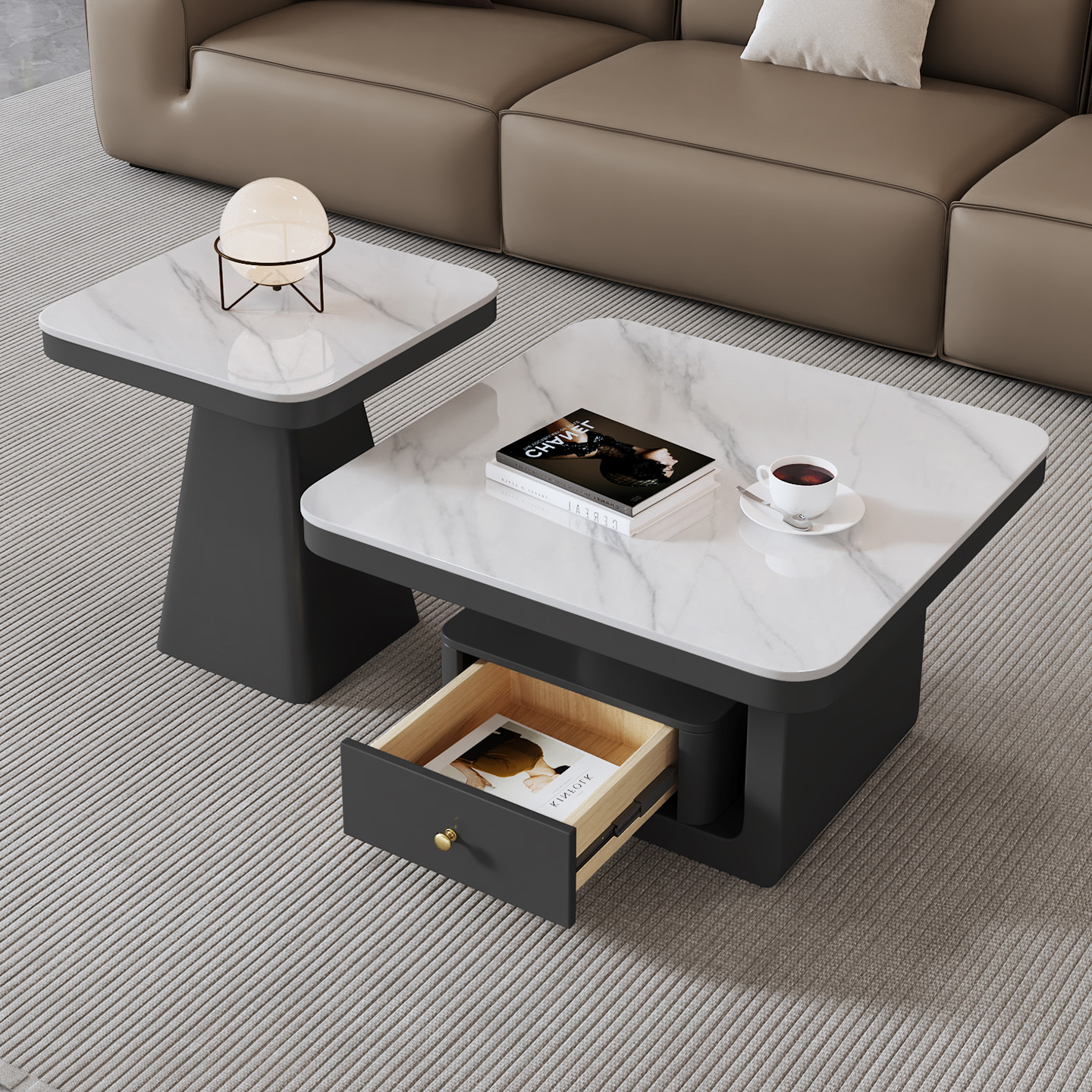 现代简约岩板微晶石边几茶几组合