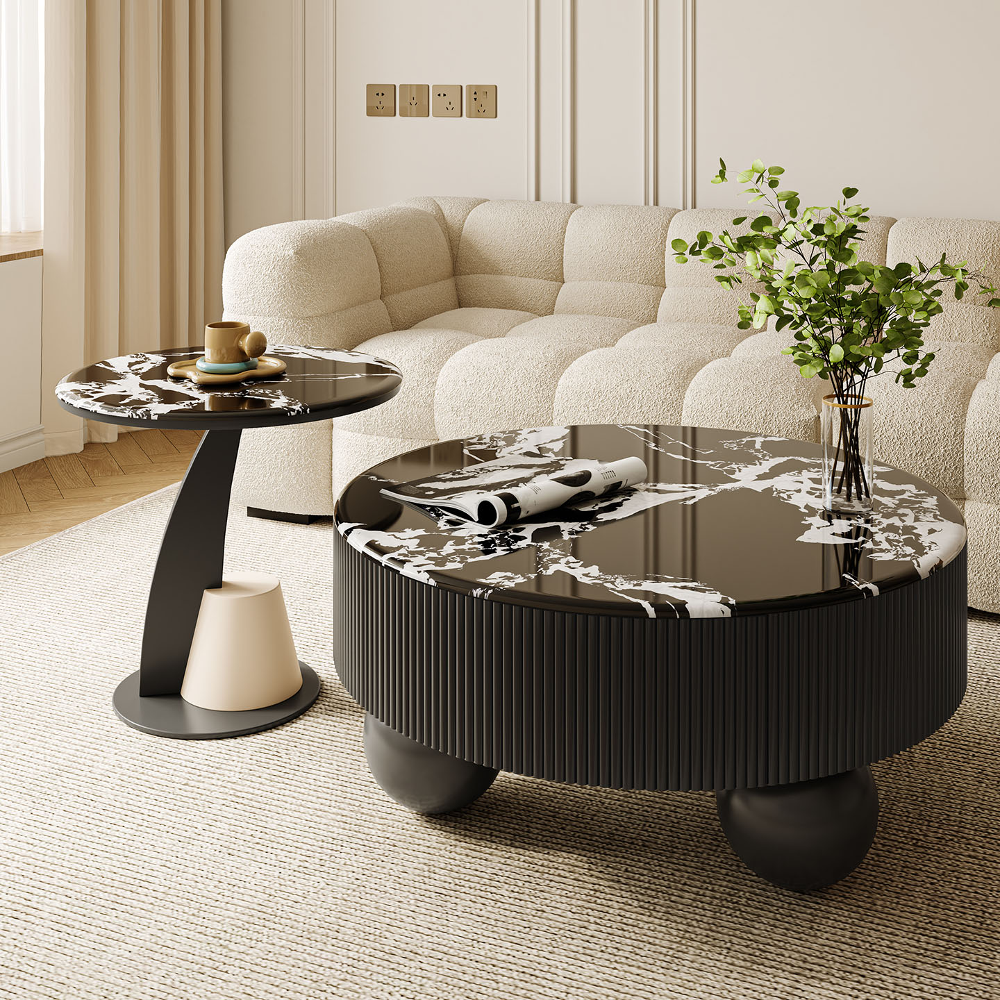 现代圆形岩板微晶石茶几边几组合