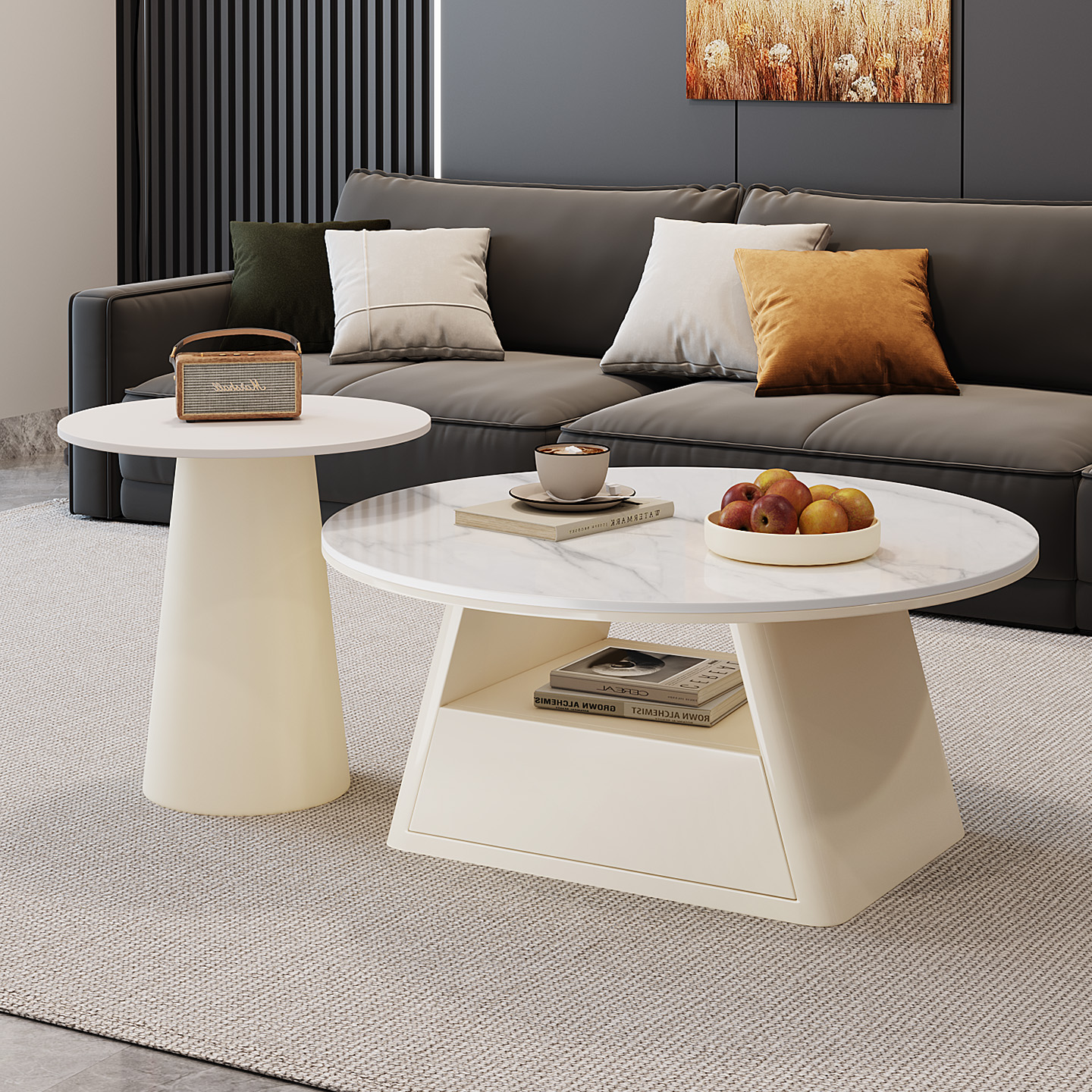 圆形客厅家用圆形奶油风岩板茶几