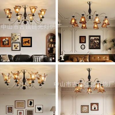 法式中古风客厅吊灯新款美拉德复古实木主卧室餐厅玻璃吸顶吊灯