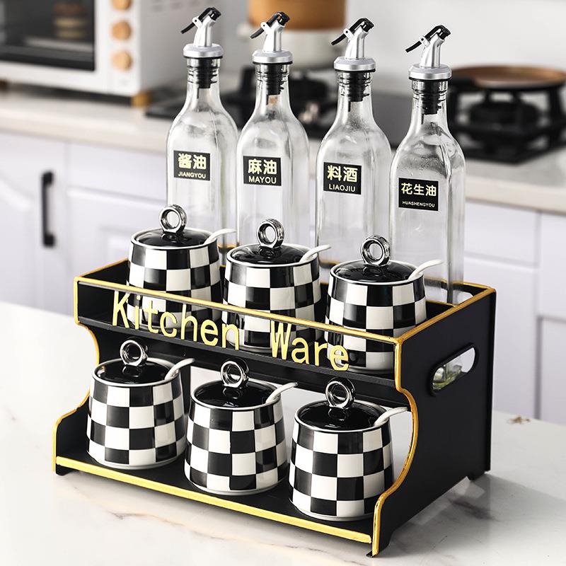 棋盘格调味瓶套装创意设计北欧风味精盐厨房调料收纳盒调味盒酱油