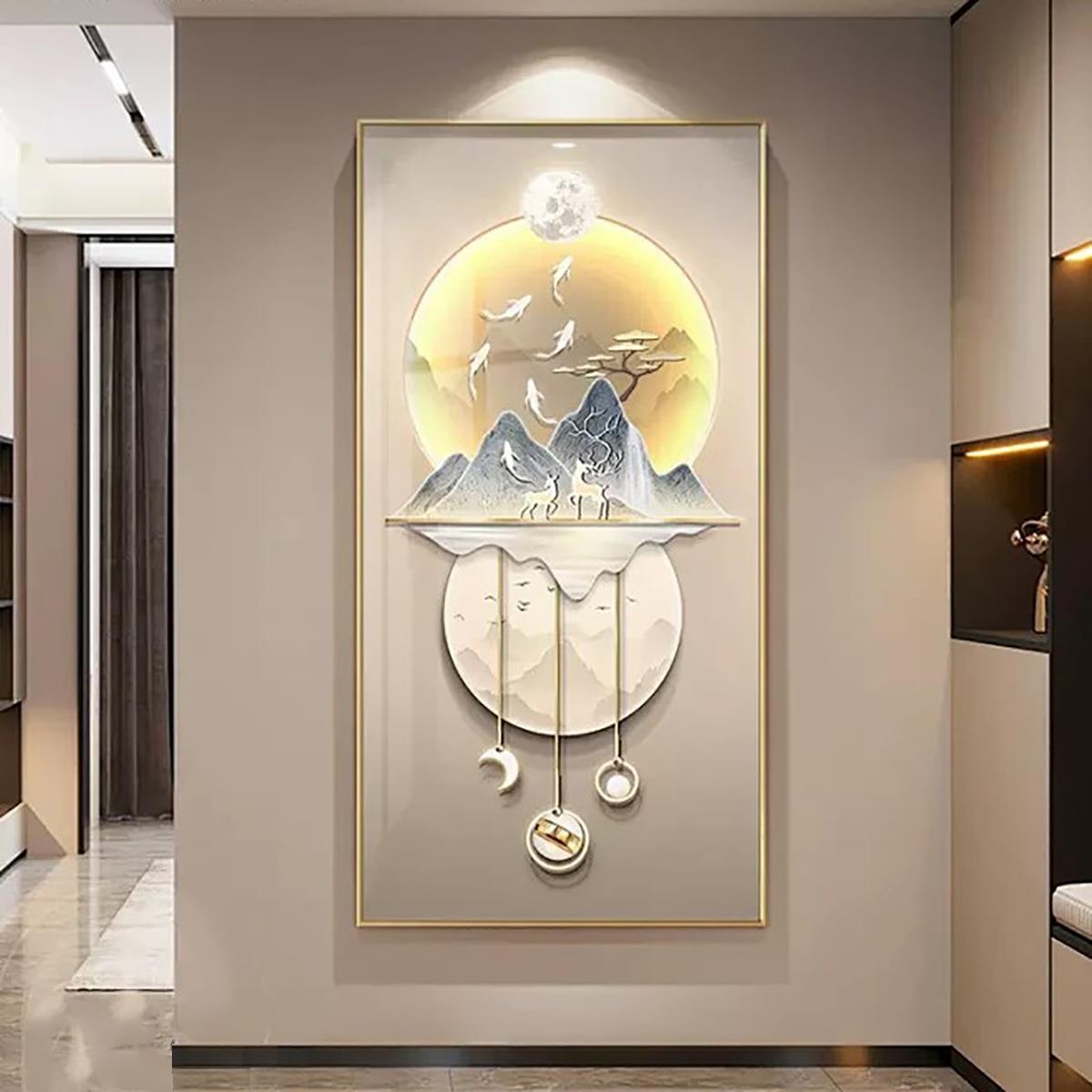 轻奢大气入户玄关装饰画寓意好进门竖版壁画高级感led灯走廊挂画