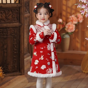 裙子国潮亮片礼服连衣裙汉服加厚唐装 女童改良旗袍冬季 公主裙冬装