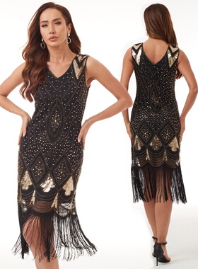 1920s复古亮片礼服订珠流苏v领晚礼服复古亮片连衣裙z-ga82