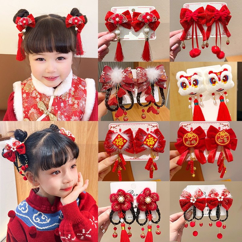 新年儿童发夹假发辫发饰古风流苏中国风女童汉服头饰对夹发卡边夹