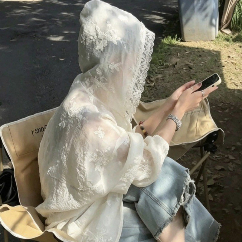 法式蕾丝花边连帽防晒衬衫外套女