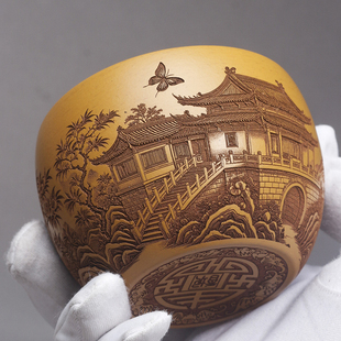 宜兴紫砂杯全手工刻绘福山寿海图主人杯茶杯大口杯茶杯紫砂杯