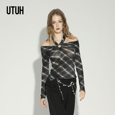 UTUH黑白格纹网纱印花挂脖T恤