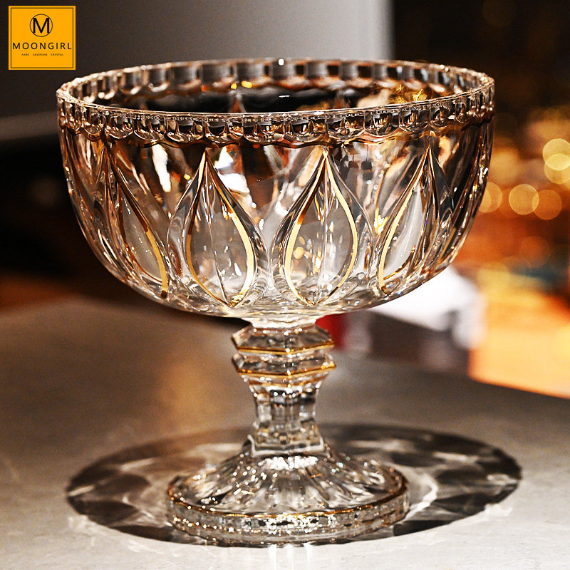 Moongril描线镀金水晶玻璃茶几带盖干果糖果盒缸零食水果盘盅摆件
