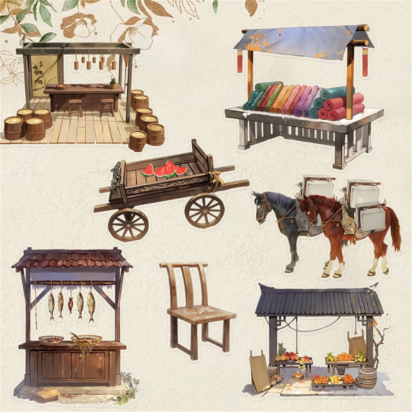 古代市井摊子贴纸马车小摊位
