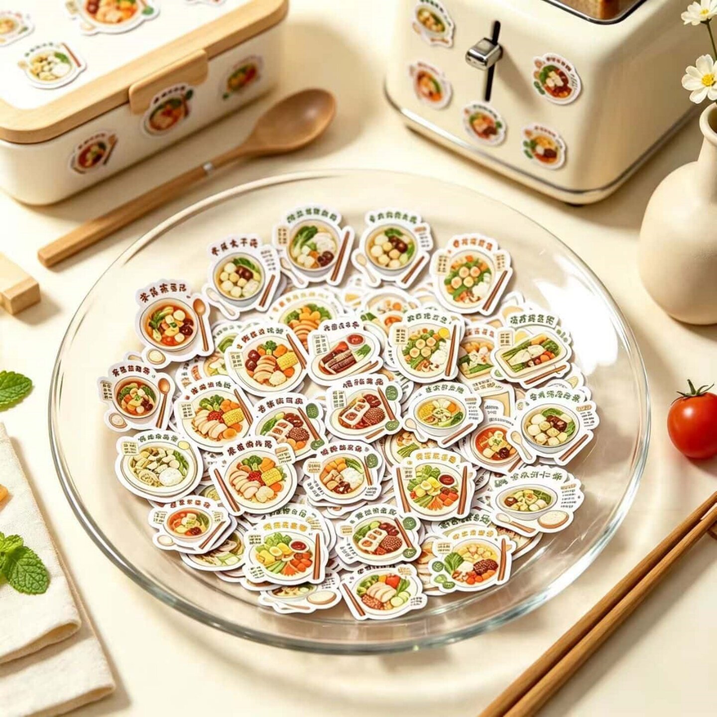 50款ins低脂轻食减脂餐手绘异形贴纸健康沙拉食谱防水贴画电脑水杯冰箱行李箱橱柜标记运动减肥规划餐具装饰
