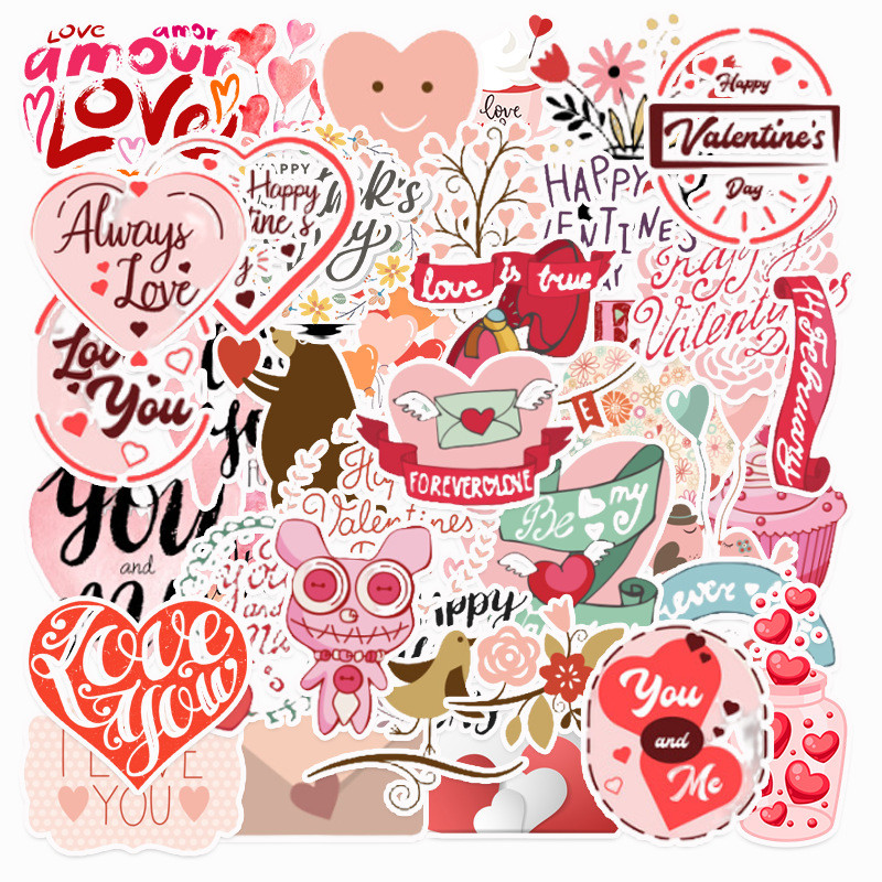 50张英文语录情人节浪漫涂鸦粉色系贴纸装饰笔记本头盔相框画手账保温杯吉他文具盒收纳箱拉杆箱贴纸防水pvc