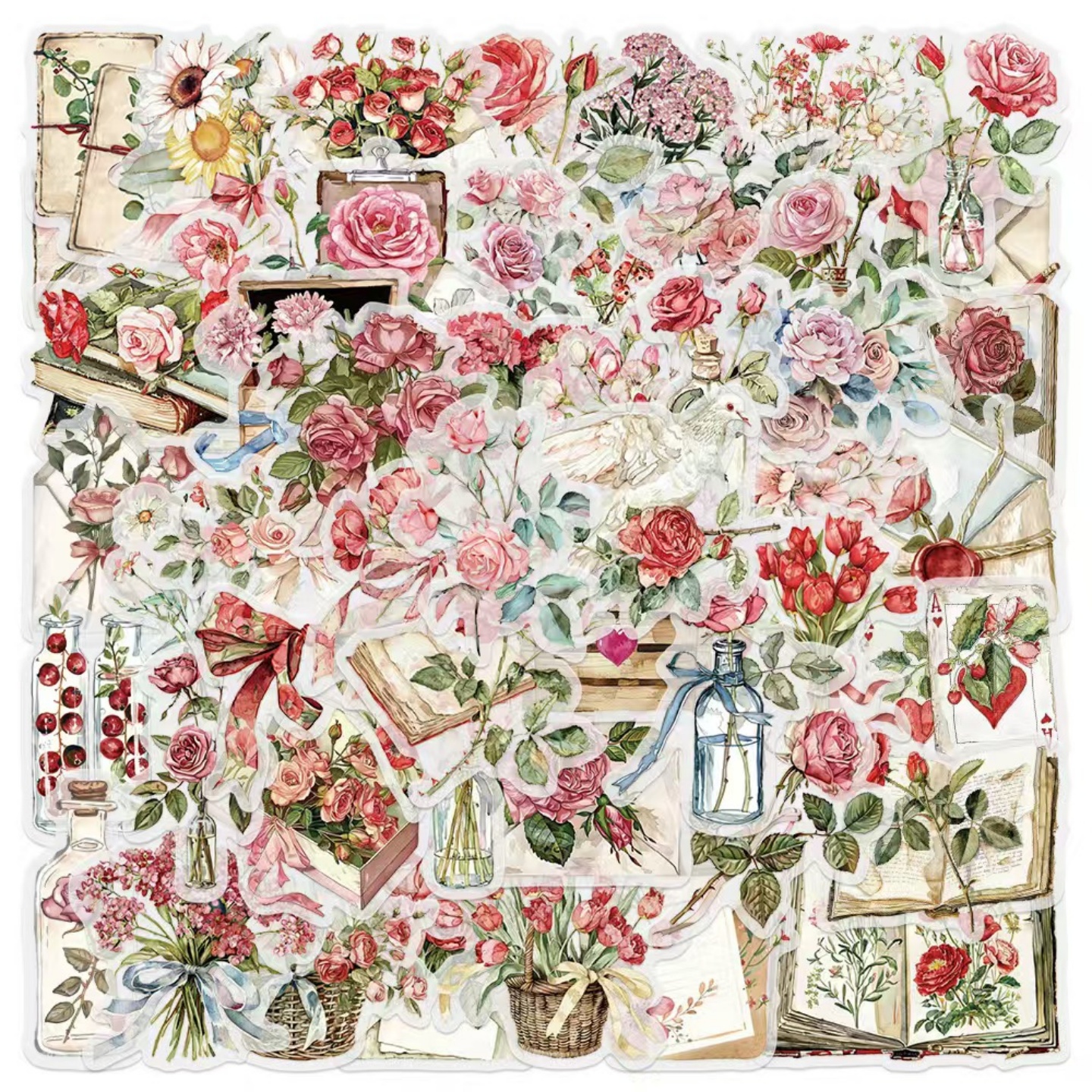 50张复古玫瑰透明花卉笔记本贴纸