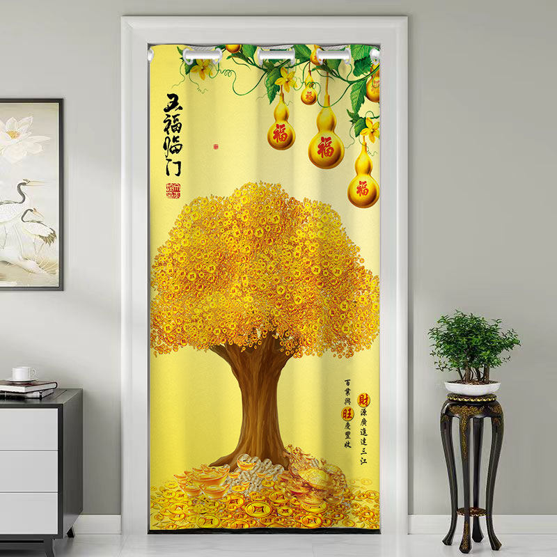 中式门帘隔断窗发财树招财布帘子玄关入户过道卧室客厅免打孔挂帘