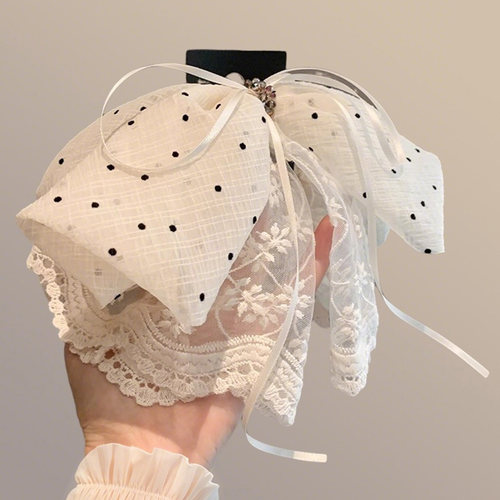 2025复古高端波点后脑勺夹子头饰蕾丝蝴蝶结半扎发马尾夹发夹抓夹